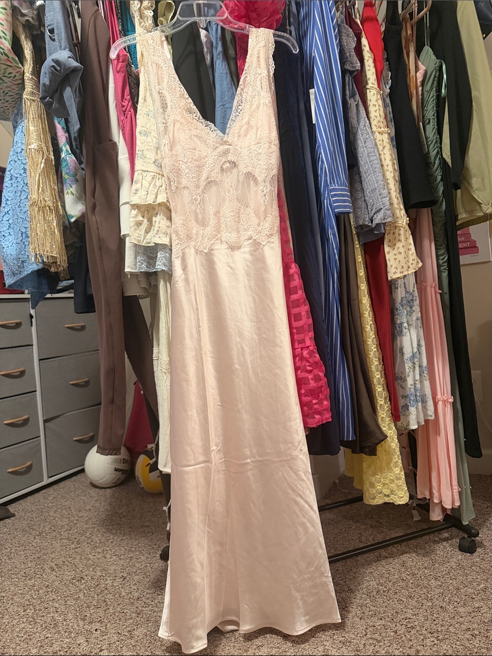Lace-Top Satin Dress in Blush